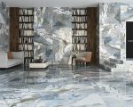 Napoli Azure quartzite-look porcelain wall and floor in a library lounge